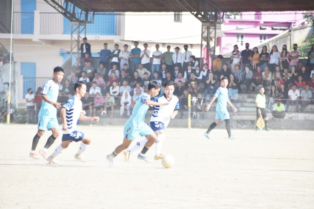 Players of Team Gilgal and Zonipang SC in action during the first quarterfinal match of the ongoing MDFA Trophy 2024 at Imkongmeren Sports Complex on October 22.
